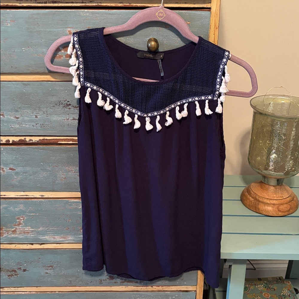 THML Navy Sleeveless Tassel-Trim Top Sz M